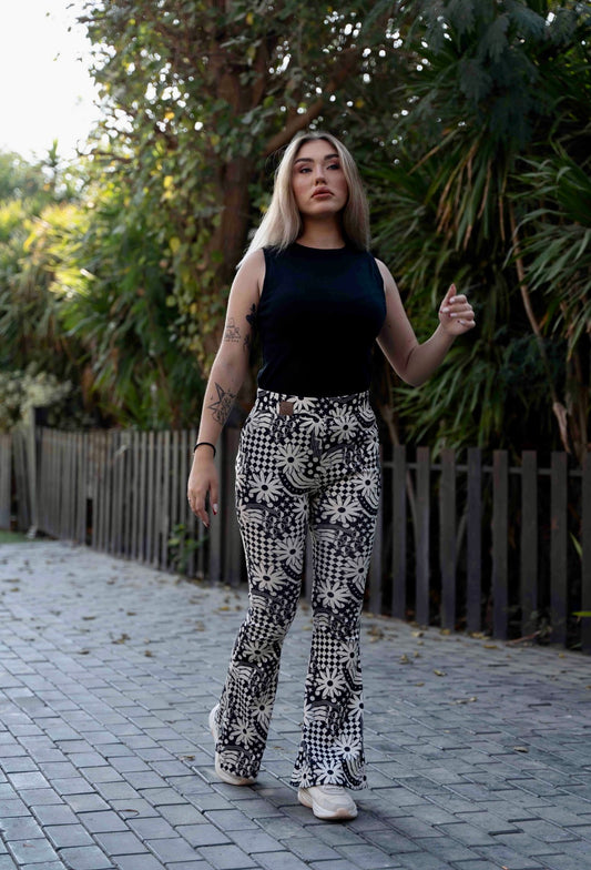 Floral Chess Flared Pants